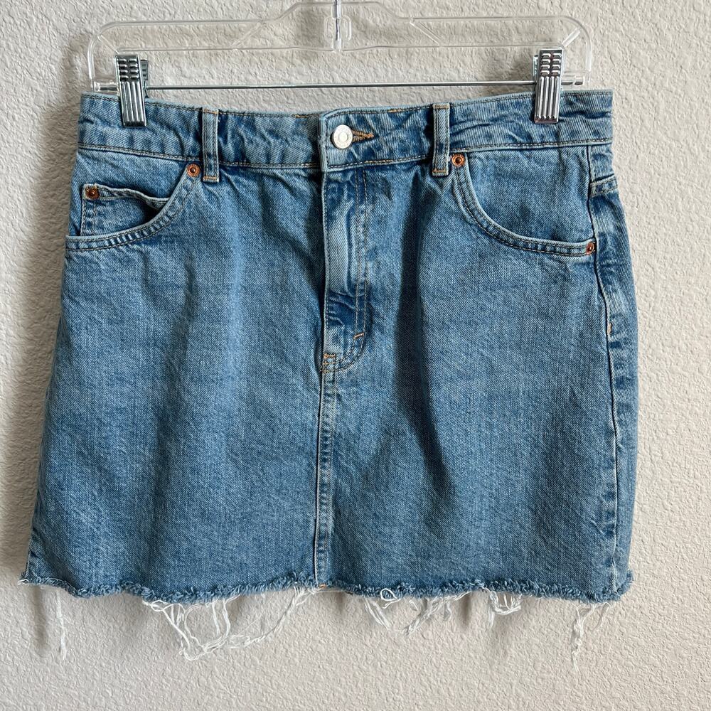 Topshop Denim Mini Skirt Women's 8 Raw Hem Pockets Cotton Casual Summer